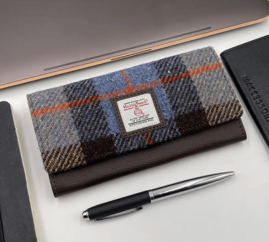 Harris Tweed Envelope Wallet - Blue and Brown Plaid - The Celtic Gift Store - Apparel & Accessories