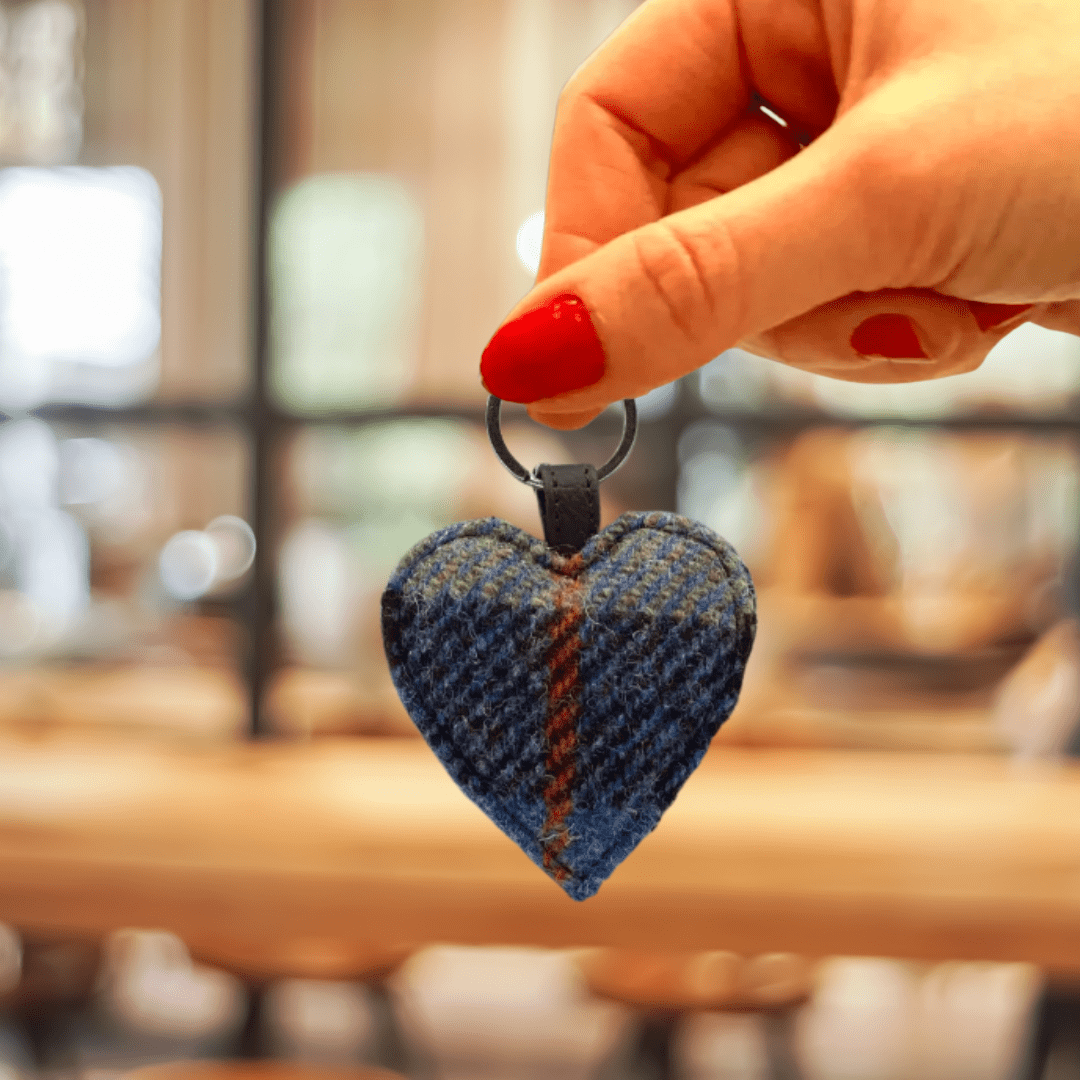 Harris Tweed Heart Keyring - Blue and Brown Check - The Celtic Gift Store - Gift