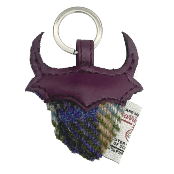 Harris Tweed Highland Cow Keyring - Green and Purple Plaid - The Celtic Gift Store - Gift