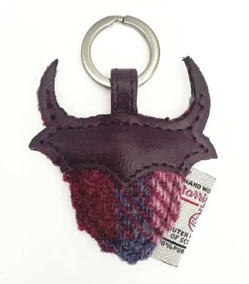 Harris Tweed Highland Cow Keyring - Pink and Blue Tartan - The Celtic Gift Store - Gift