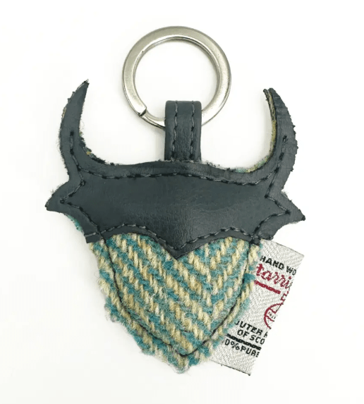 Harris Tweed Highland Cow Keyring - Turquoise Herringbone - The Celtic Gift Store - Gift