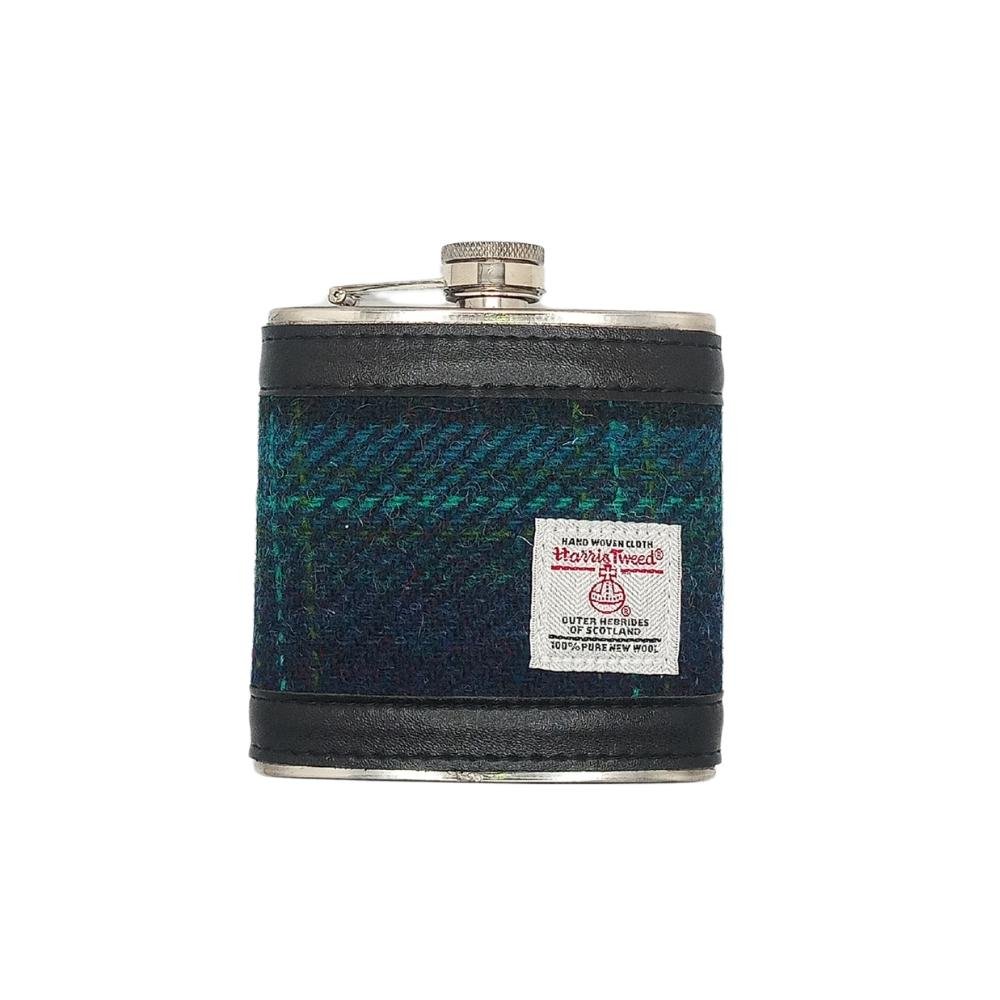 Harris Tweed Hip Flask- Blue With Turquoise Overcheck