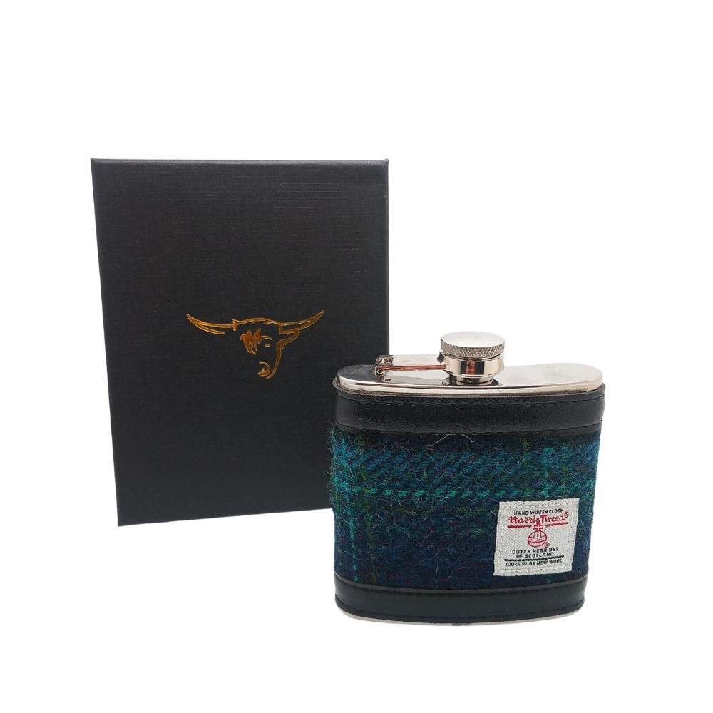 Harris Tweed Hip Flask- Blue With Turquoise Overcheck