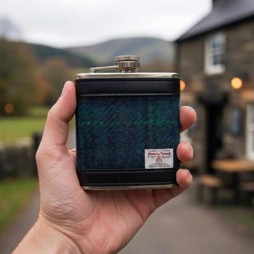 Harris Tweed Hip Flask- Blue With Turquoise Overcheck