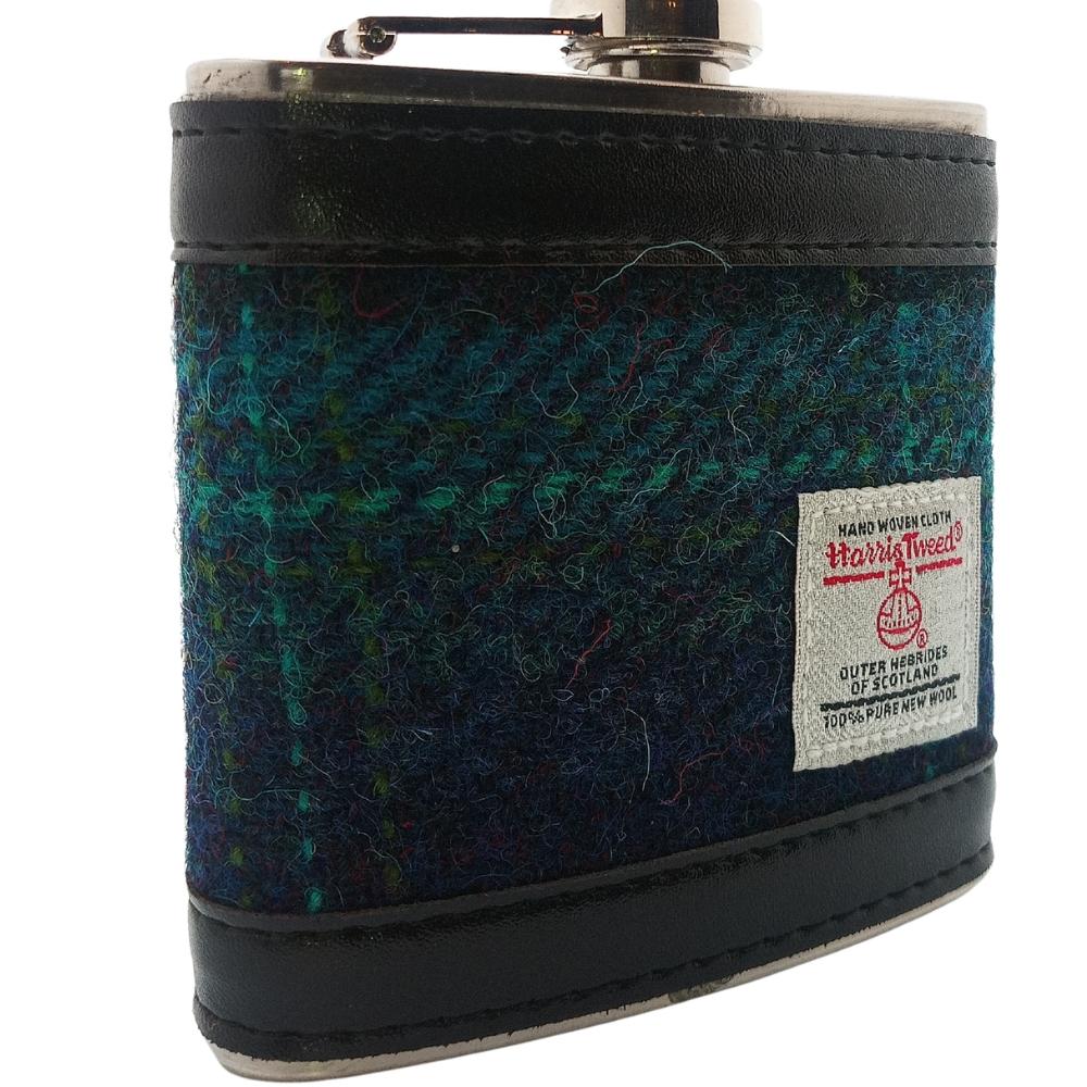 Harris Tweed Hip Flask- Blue With Turquoise Overcheck