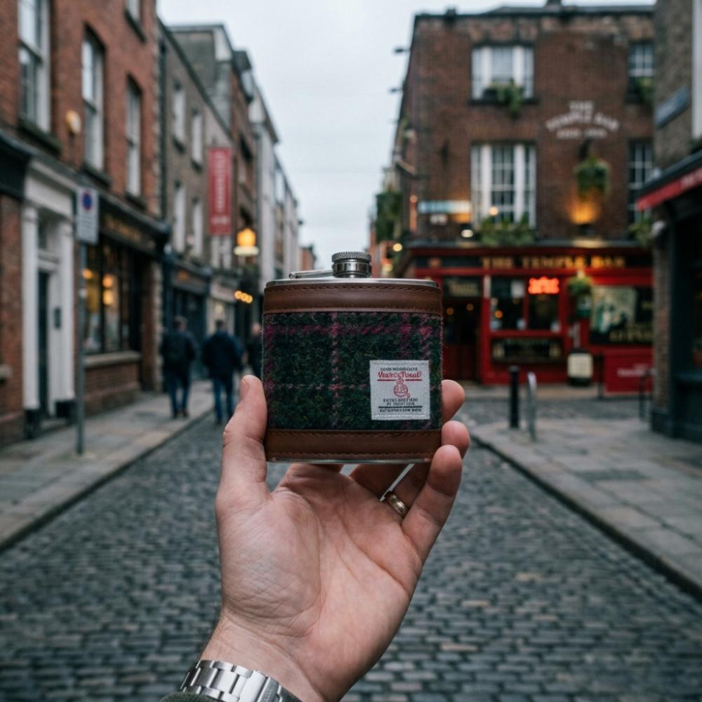 Harris Tweed Hip Flask- Dark Green And Plum Check