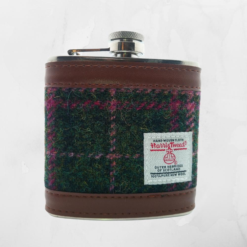 Harris Tweed Hip Flask- Dark Green And Plum Check