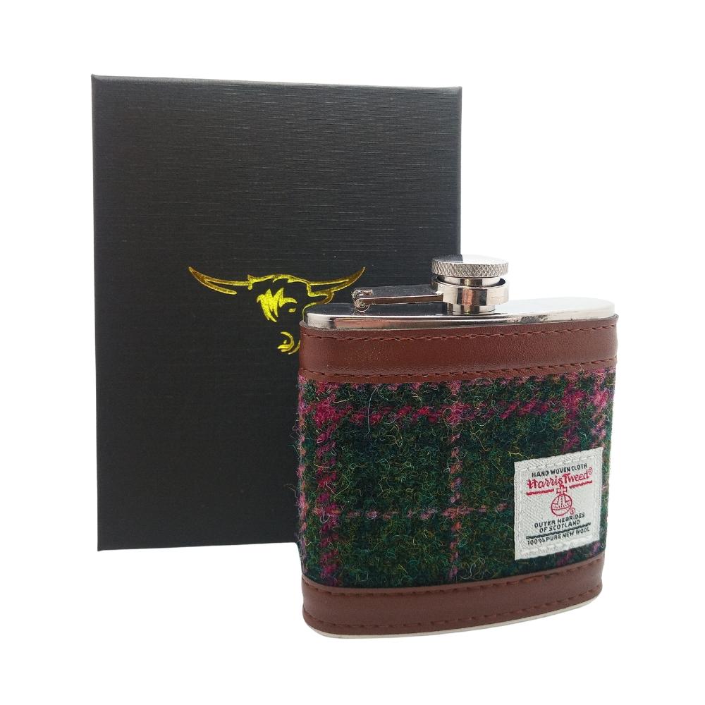 Harris Tweed Hip Flask- Dark Green And Plum Check