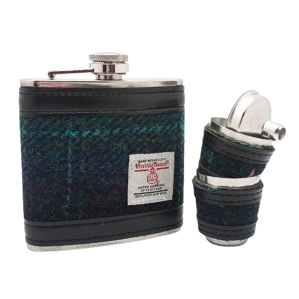 Harris Tweed Hip Flask Gift Set- Blue With Turquoise Overcheck