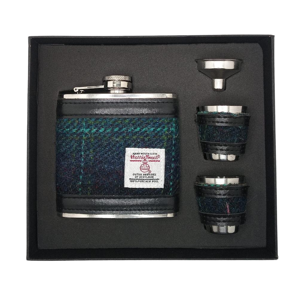 Harris Tweed Hip Flask Gift Set- Blue With Turquoise Overcheck