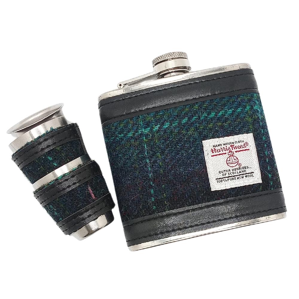 Harris Tweed Hip Flask Gift Set- Blue With Turquoise Overcheck