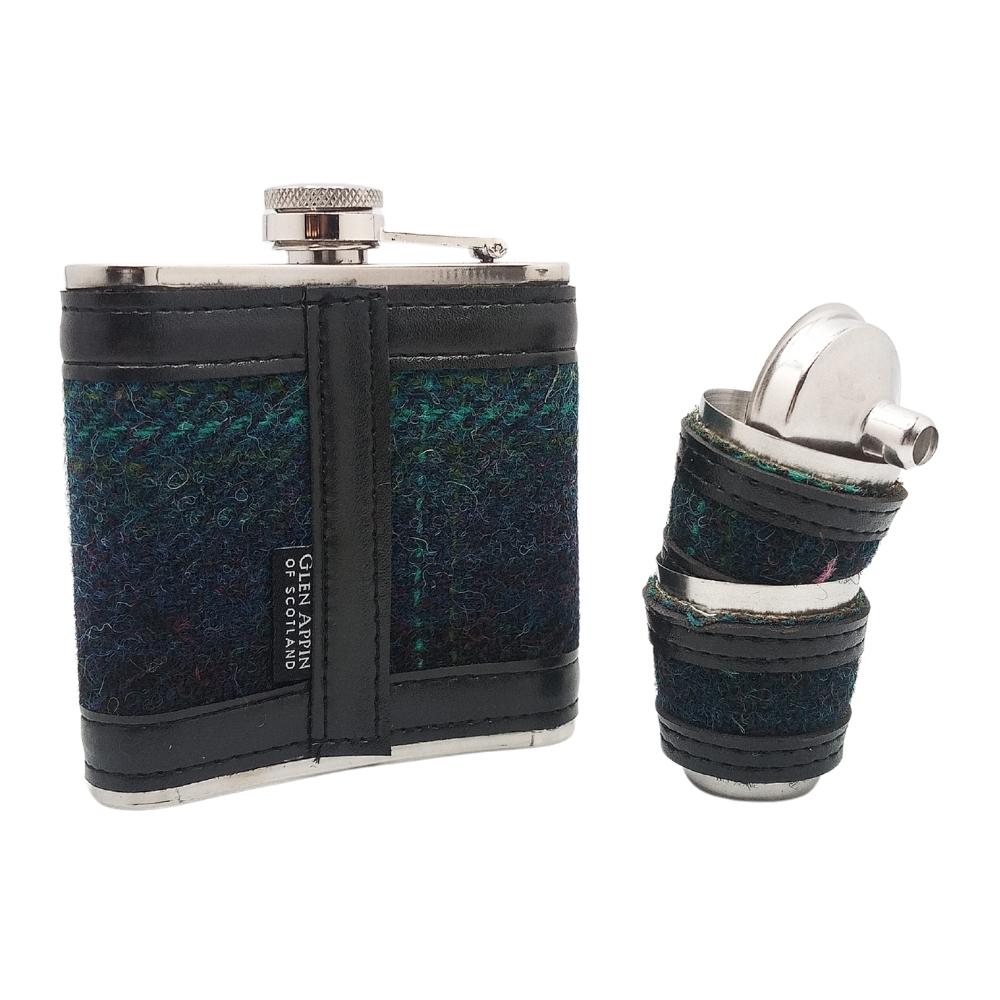 Harris Tweed Hip Flask Gift Set- Blue With Turquoise Overcheck