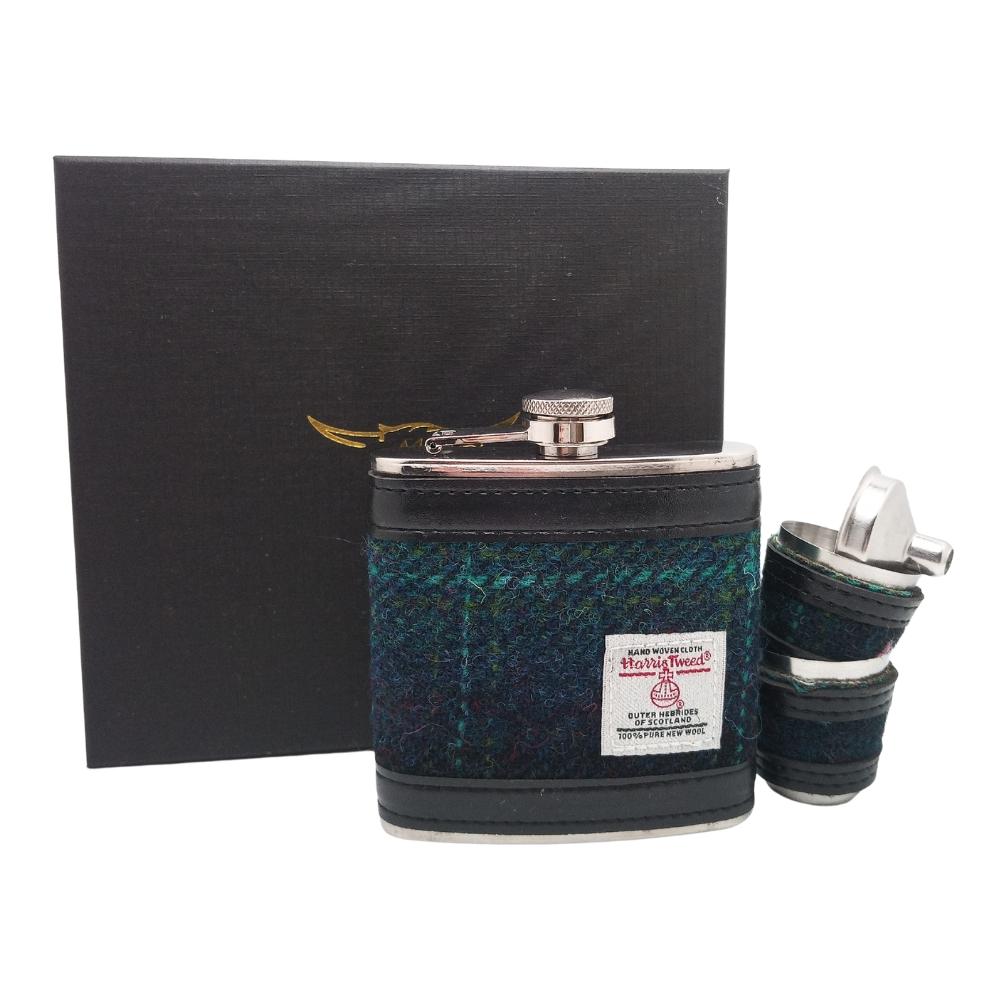 Harris Tweed Hip Flask Gift Set- Blue With Turquoise Overcheck