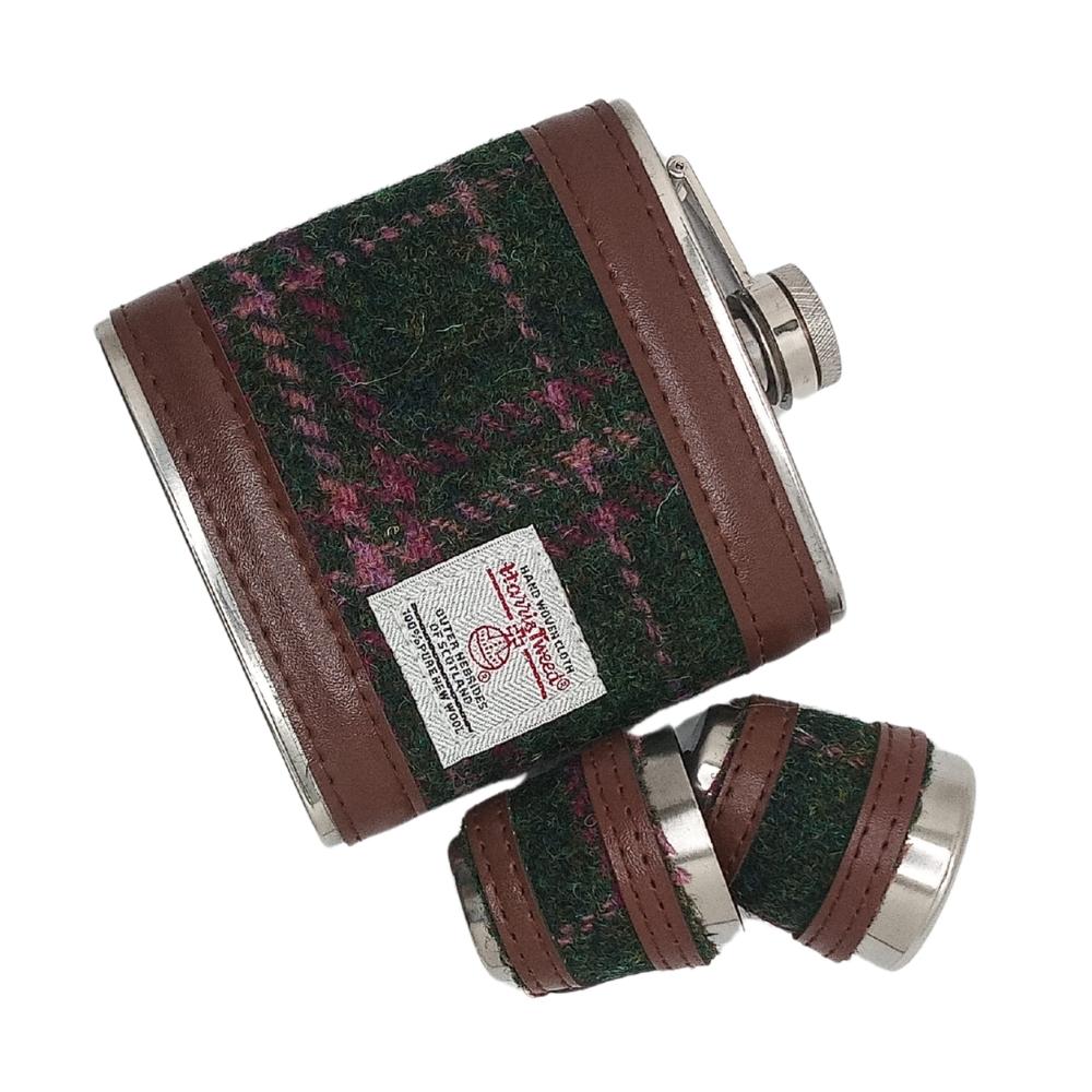 Harris Tweed Hip Flask Gift Set- Dark Green And Plum Check