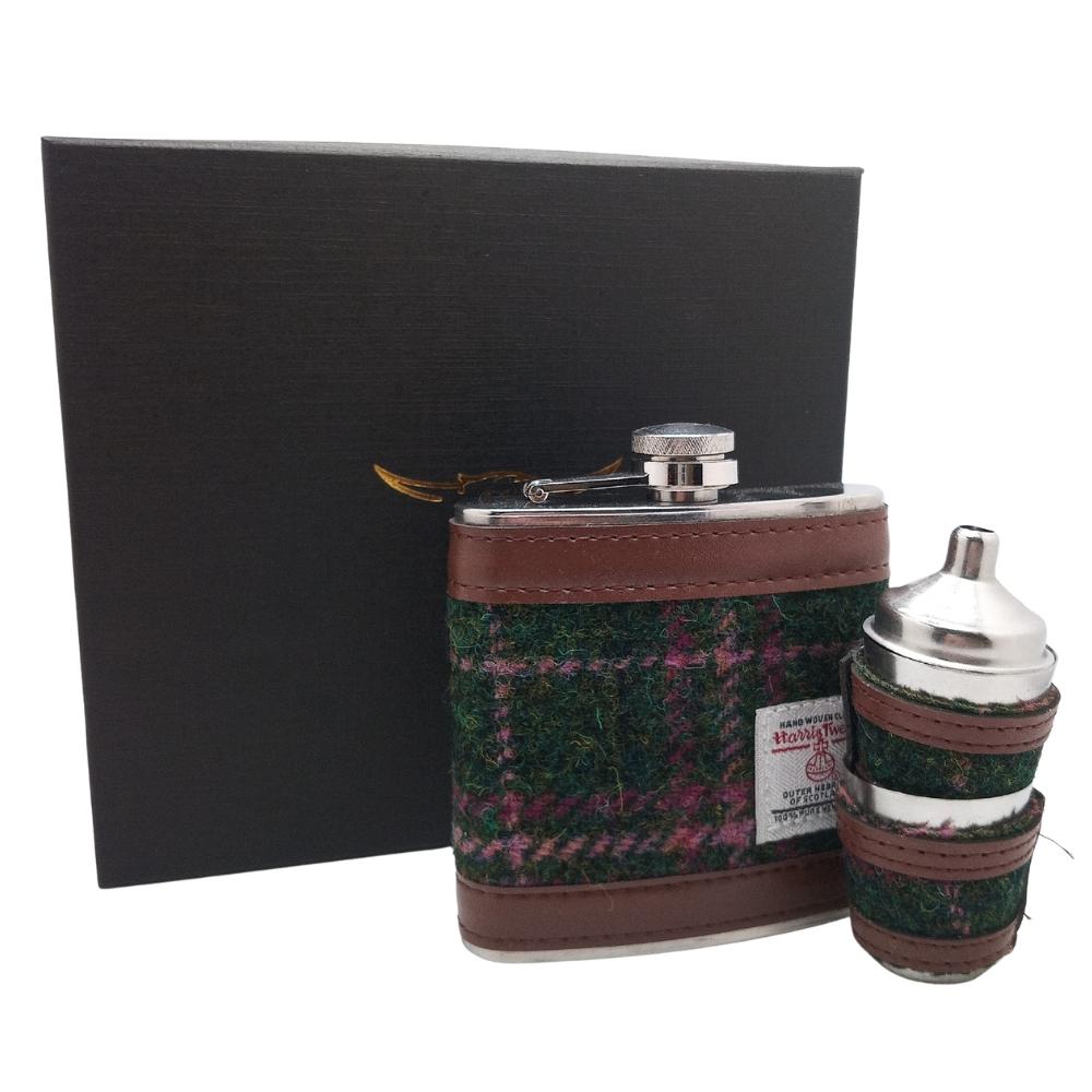 Harris Tweed Hip Flask Gift Set- Dark Green And Plum Check