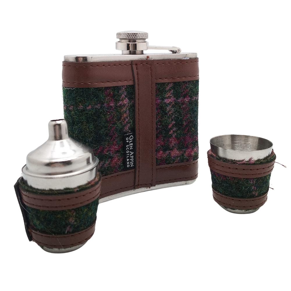 Harris Tweed Hip Flask Gift Set- Dark Green And Plum Check
