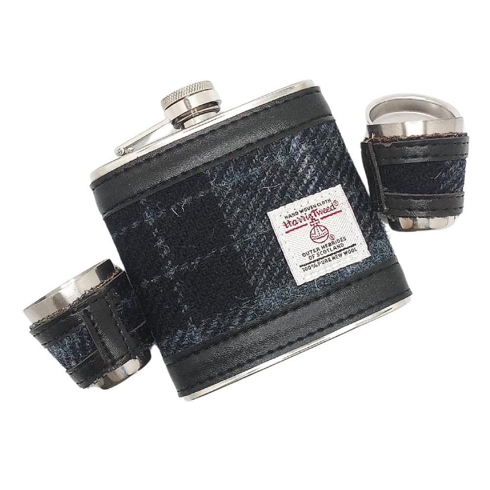 Harris Tweed Hip Flask Gift Set- Grey and Black Tartan