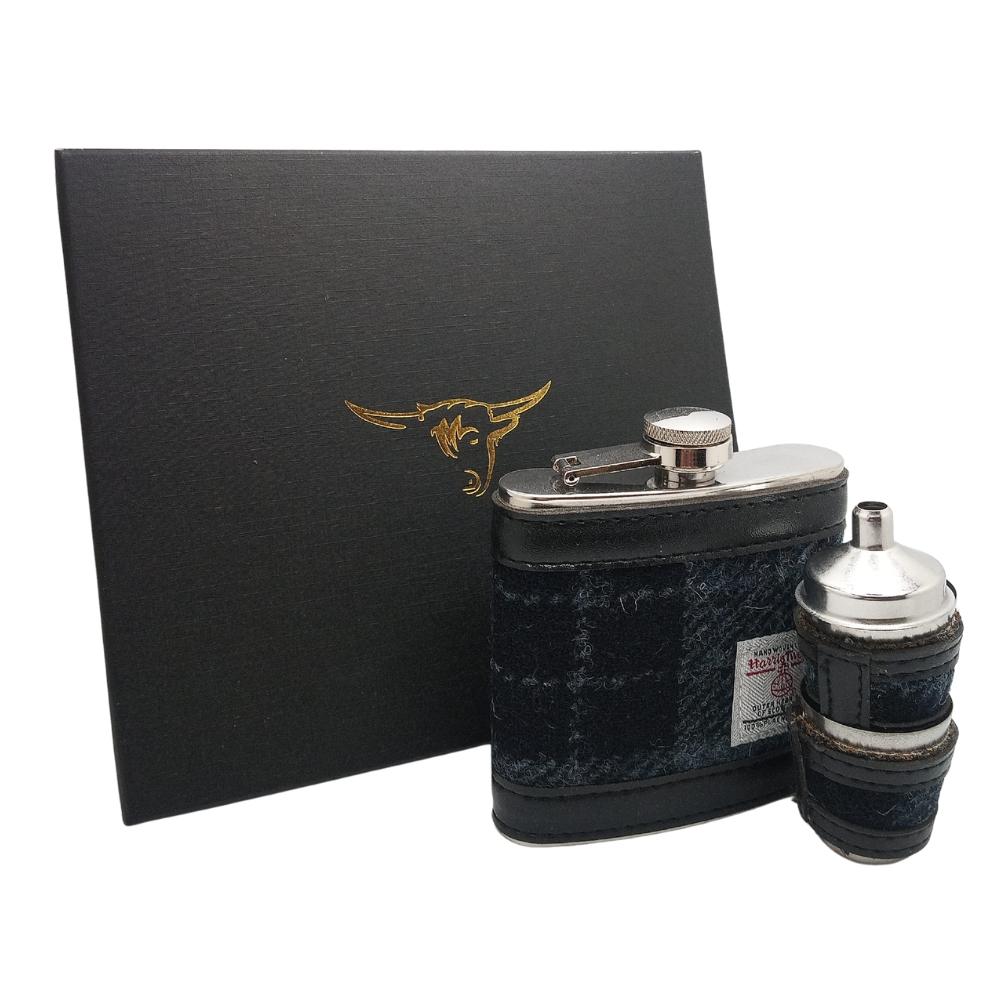 Harris Tweed Hip Flask Gift Set- Grey and Black Tartan