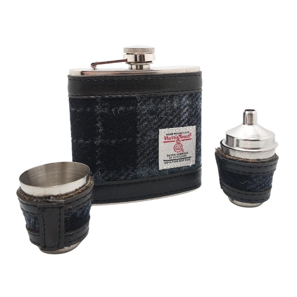 Harris Tweed Hip Flask Gift Set- Grey and Black Tartan