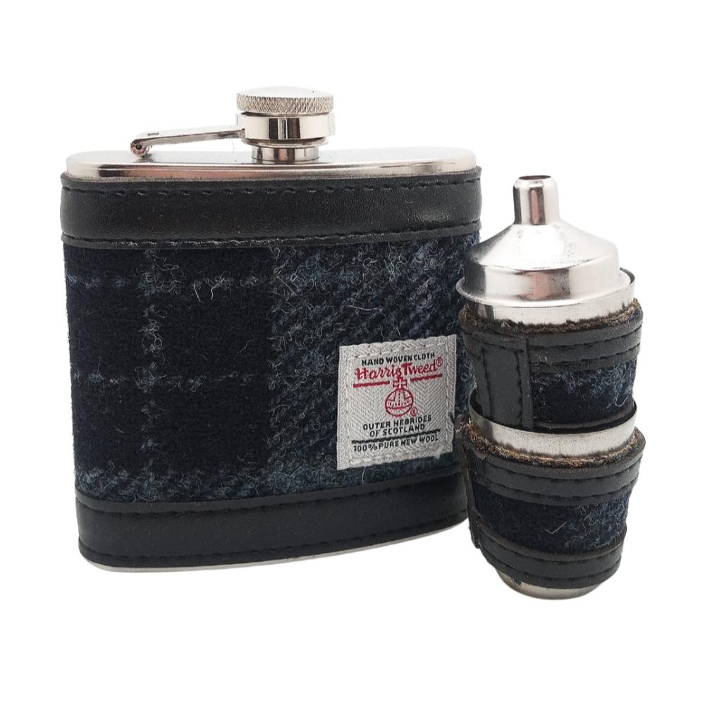Harris Tweed Hip Flask Gift Set- Grey and Black Tartan