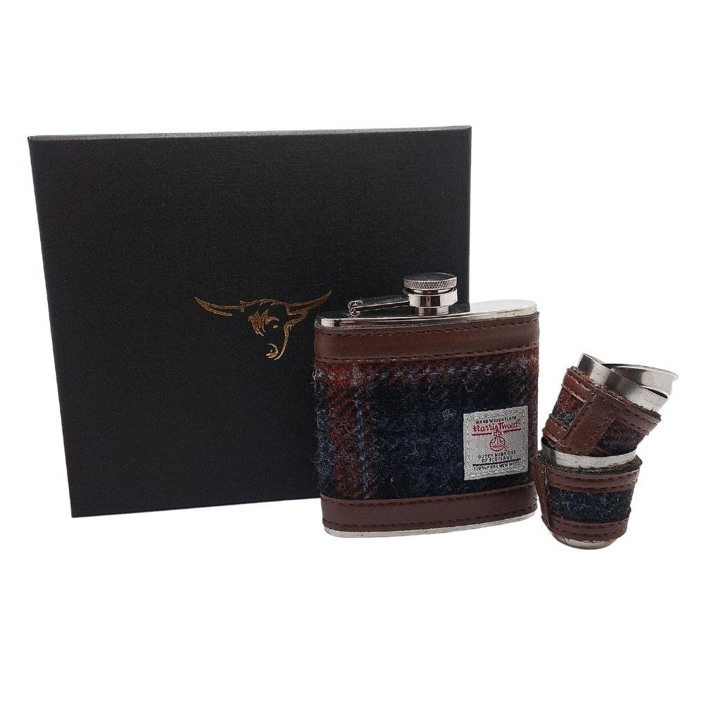 Harris Tweed Hip Flask Gift Set- Grey with Rust Overcheck