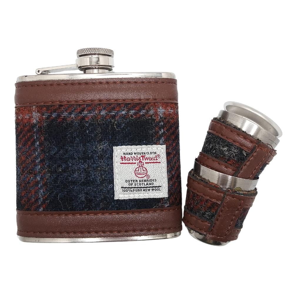Harris Tweed Hip Flask Gift Set- Grey with Rust Overcheck