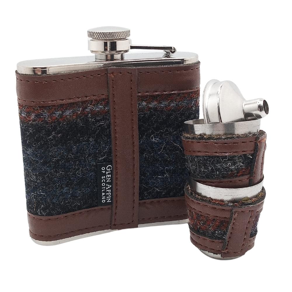 Harris Tweed Hip Flask Gift Set- Grey with Rust Overcheck