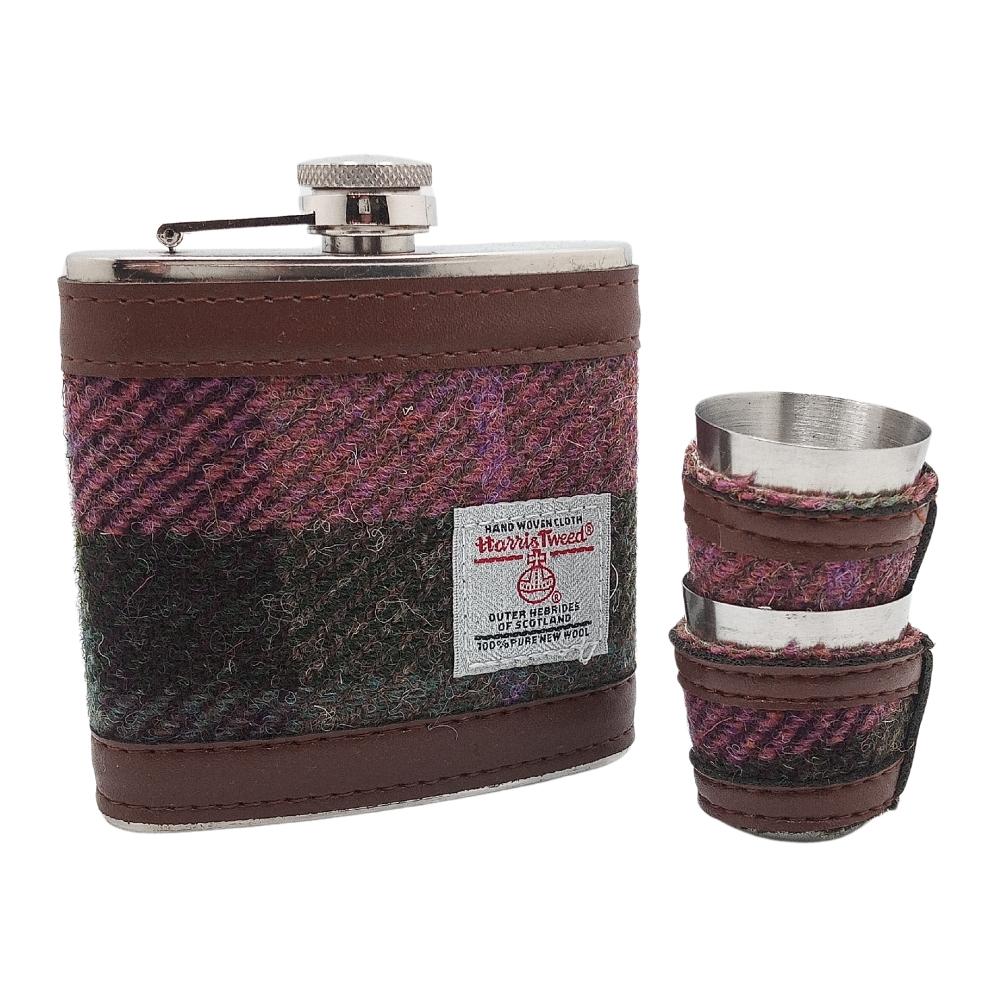Harris Tweed Hip Flask Gift Set- Muted Green and Rose Pink Tartan