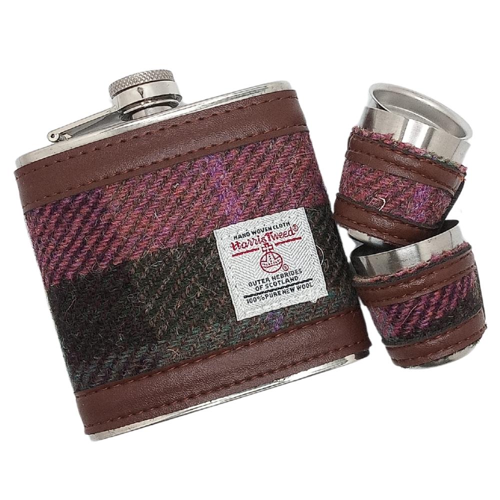 Harris Tweed Hip Flask Gift Set- Muted Green and Rose Pink Tartan