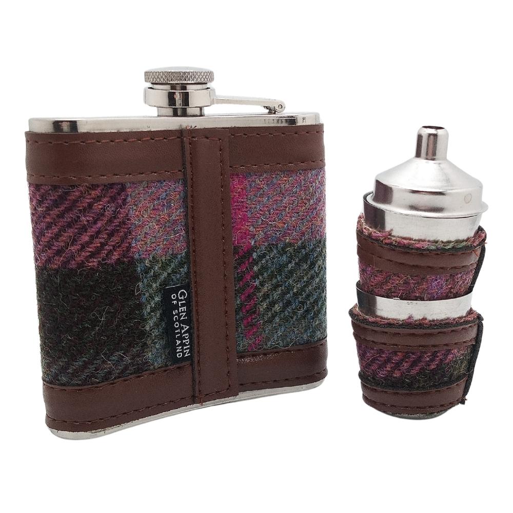 Harris Tweed Hip Flask Gift Set- Muted Green and Rose Pink Tartan