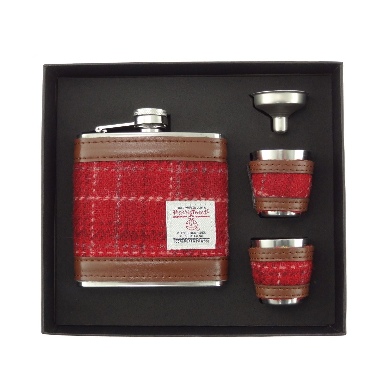 Harris Tweed Hip Flask Gift Set - Red Check - The Celtic Gift Store - Drinkware