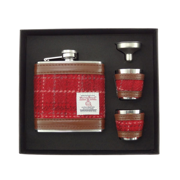 Harris Tweed Hip Flask Gift Set - Red Check - The Celtic Gift Store - Drinkware