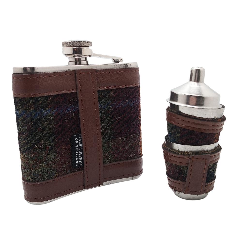 Harris Tweed Hip Flask Gift Set- Rust Check