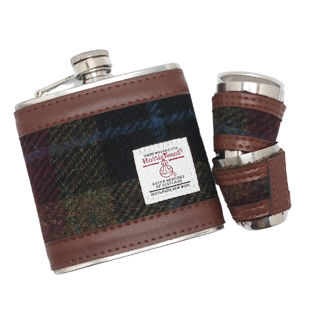Harris Tweed Hip Flask Gift Set- Rust Check
