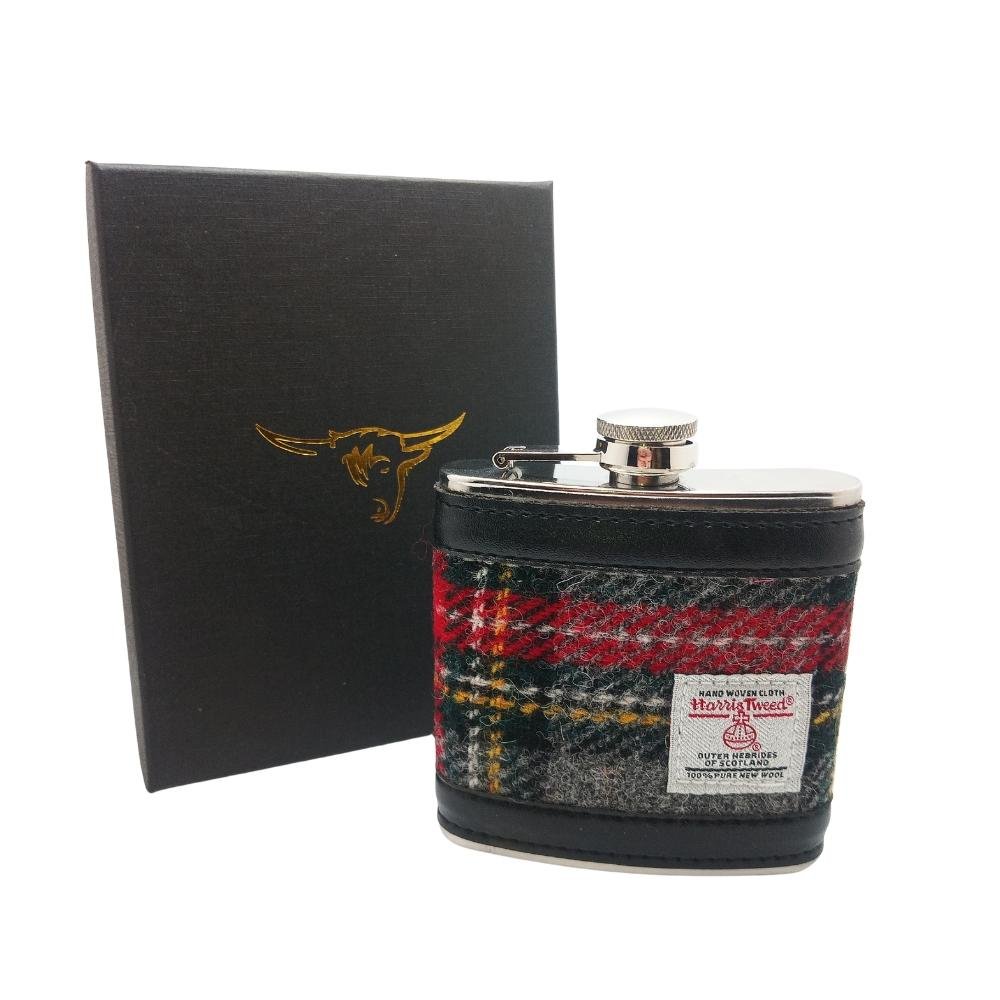 Harris Tweed Hip Flask- Grey And Red Tartan