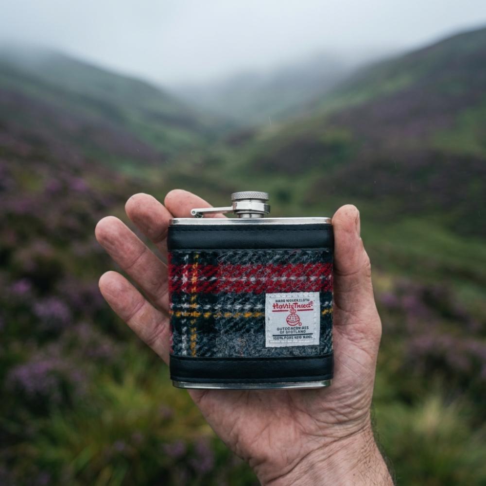 Harris Tweed Hip Flask- Grey And Red Tartan