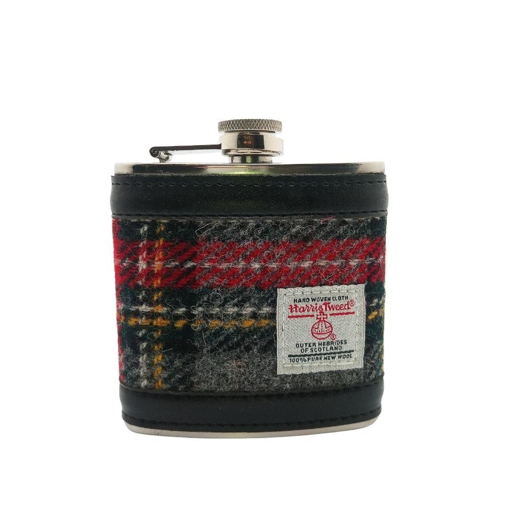 Harris Tweed Hip Flask- Grey And Red Tartan