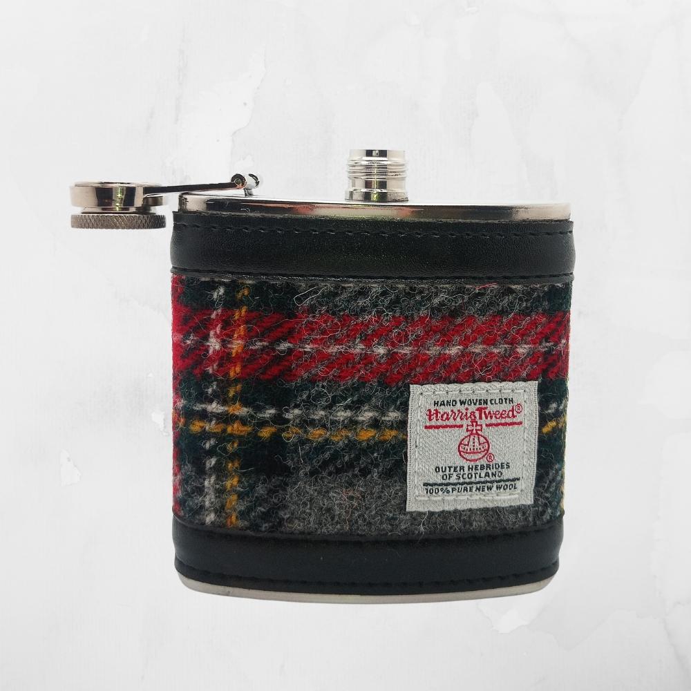 Harris Tweed Hip Flask- Grey And Red Tartan
