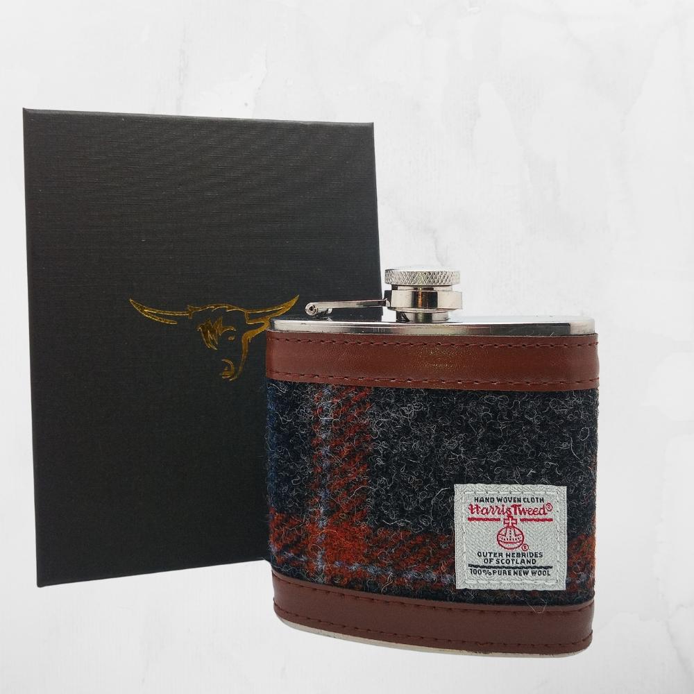 Harris Tweed Hip Flask- Grey With Rust Overcheck