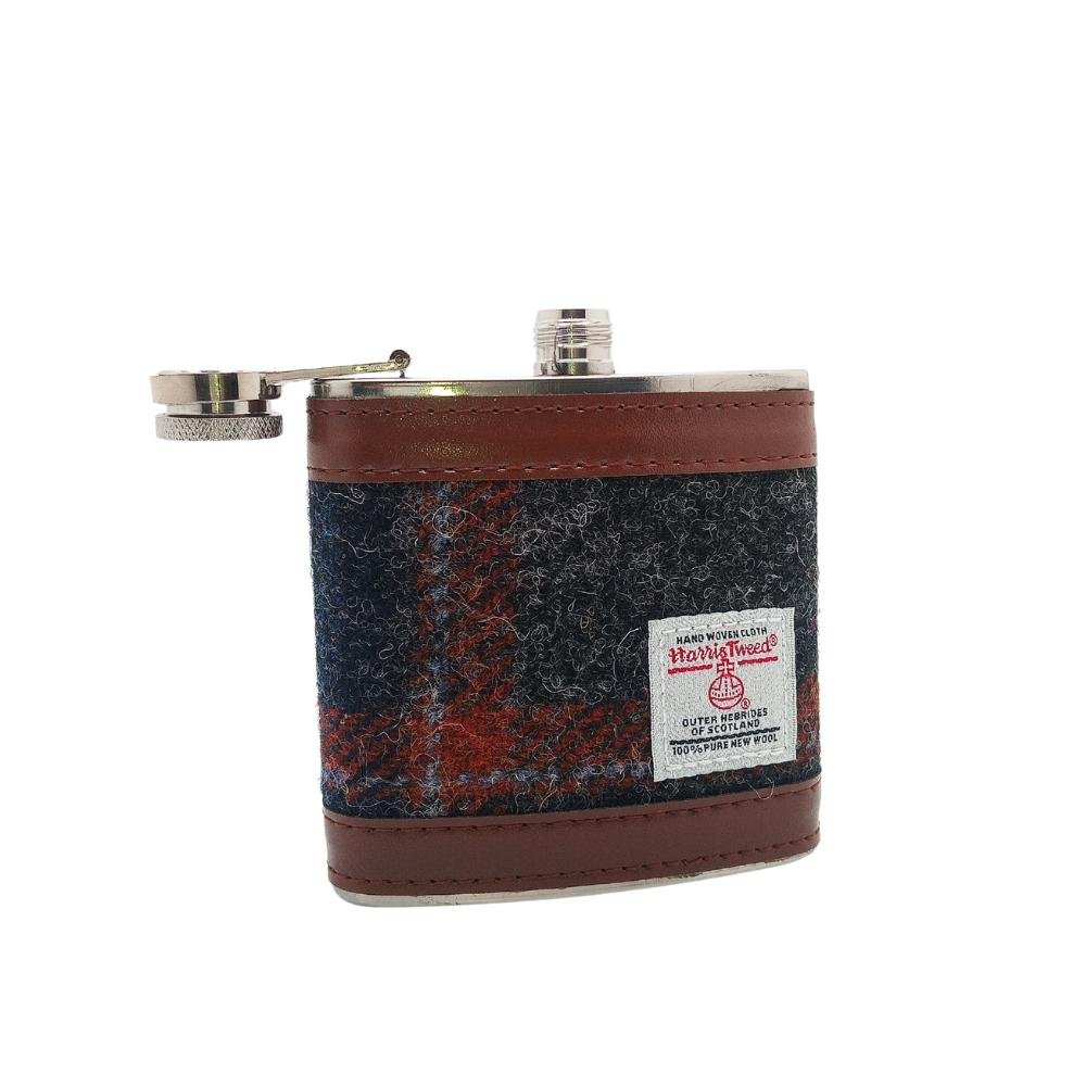 Harris Tweed Hip Flask- Grey With Rust Overcheck