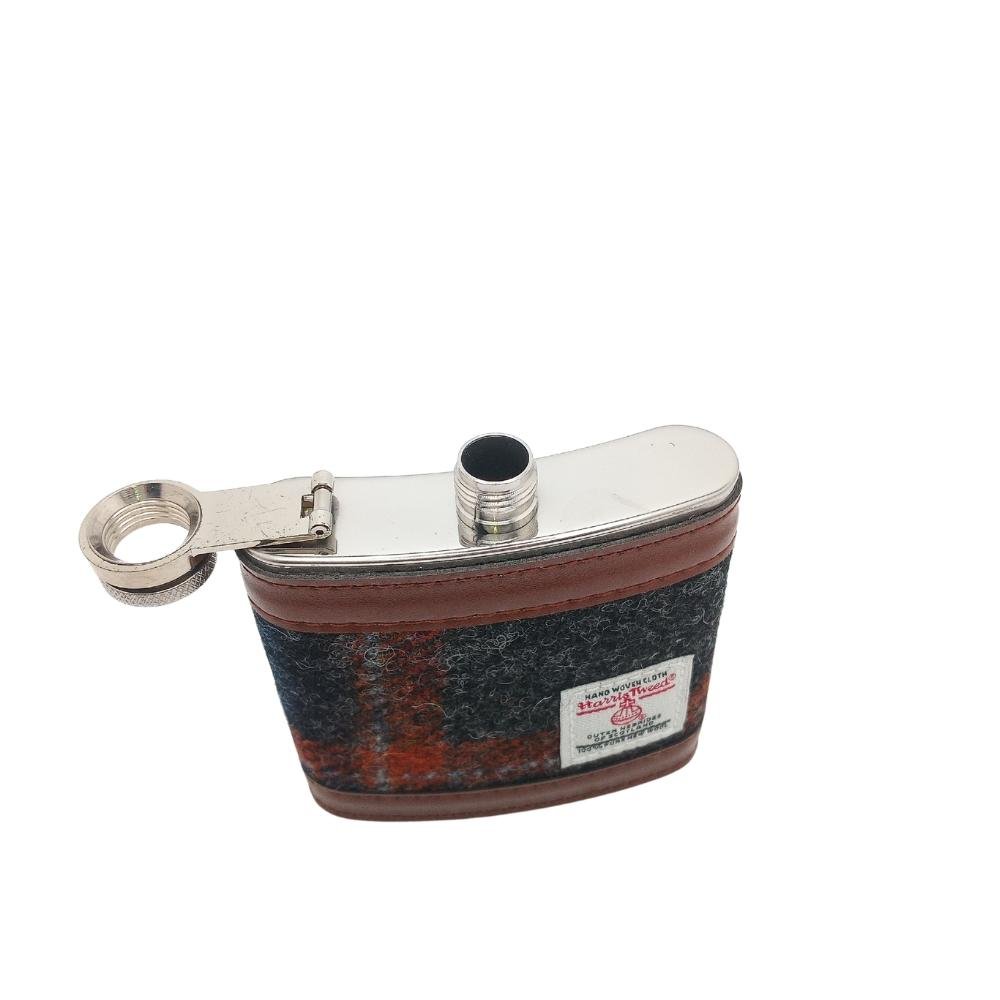 Harris Tweed Hip Flask- Grey With Rust Overcheck