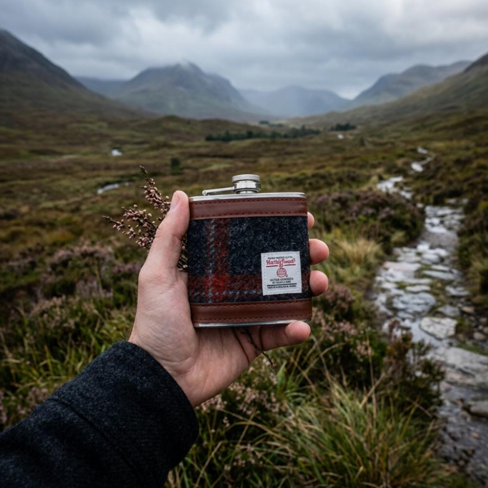 Harris Tweed Hip Flask- Grey With Rust Overcheck