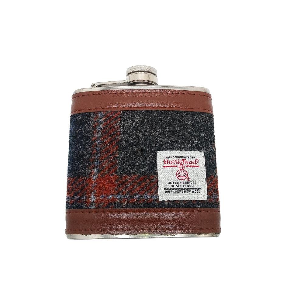 Harris Tweed Hip Flask- Grey With Rust Overcheck