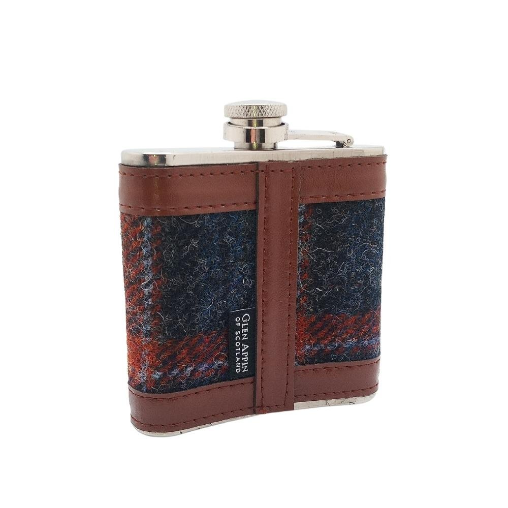 Harris Tweed Hip Flask- Grey With Rust Overcheck