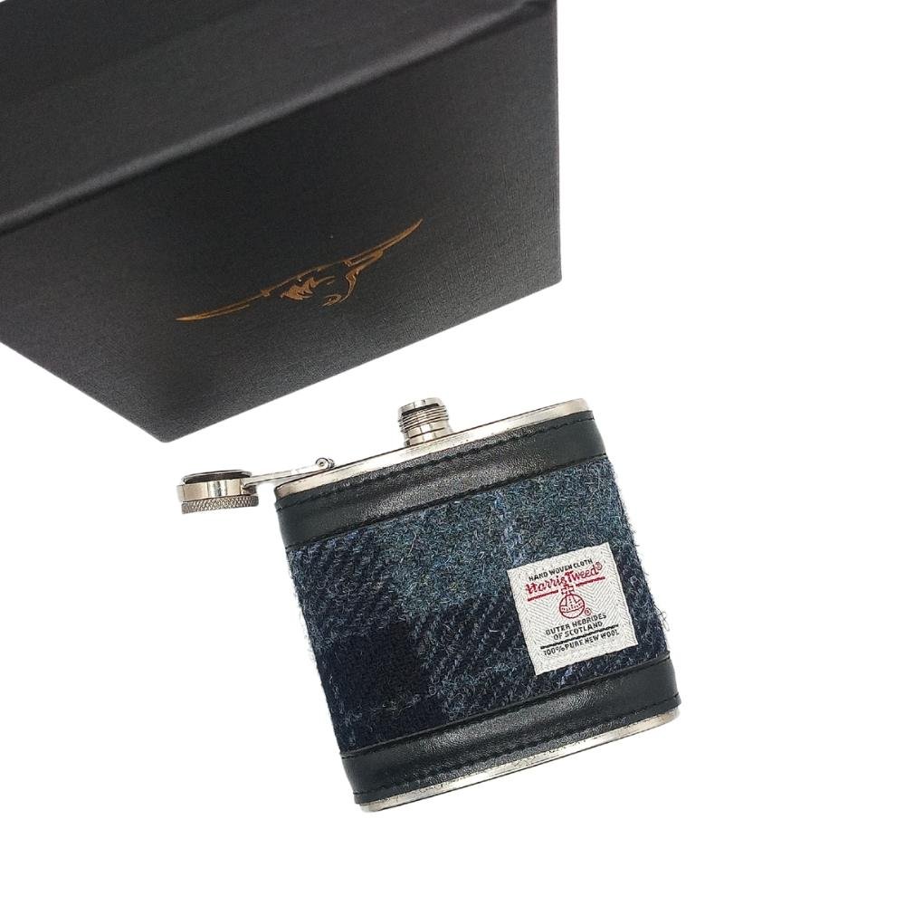 Harris Tweed Hip Flask - Grey/Black Tartan