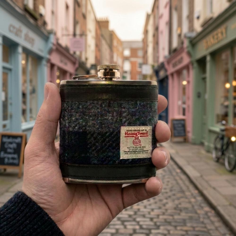 Harris Tweed Hip Flask - Grey/Black Tartan