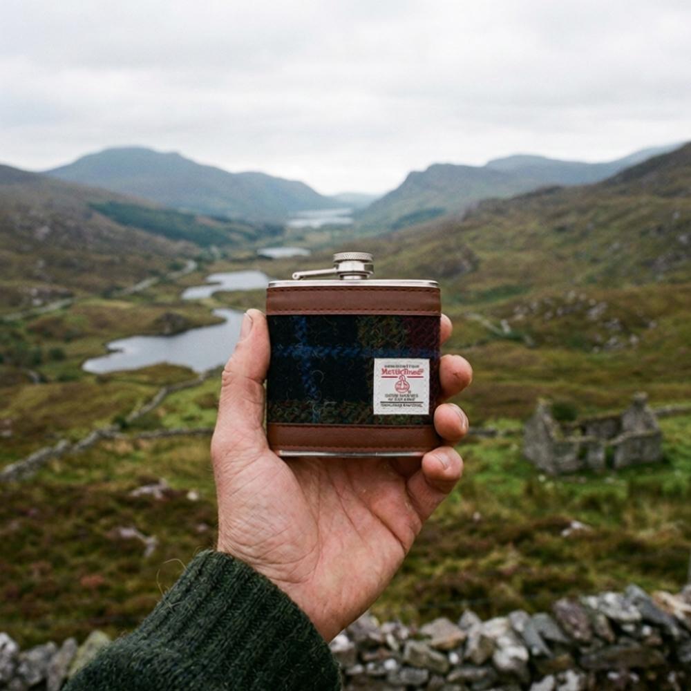 Harris Tweed Hip Flask- Rust Check