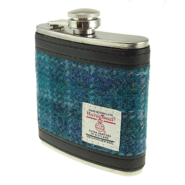 Harris Tweed Hip Flask - Sea Blue Check - The Celtic Gift Store - Drinkware