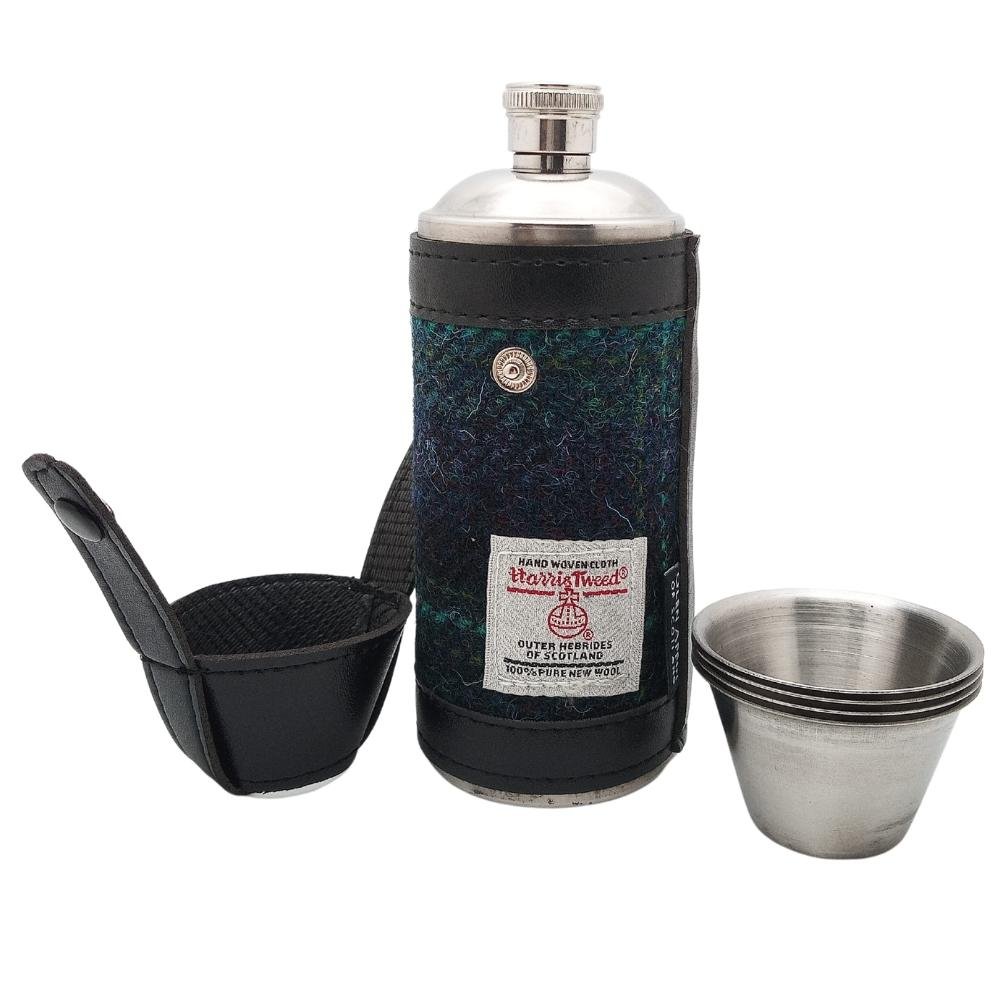 Harris Tweed Hunting Flask With Shot Glasses- Blue With Turquoise Overcheck
