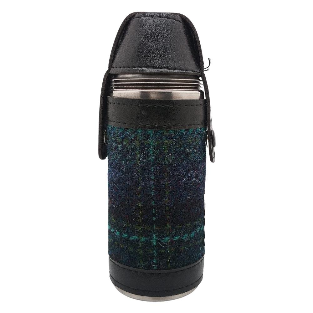 Harris Tweed Hunting Flask With Shot Glasses- Blue With Turquoise Overcheck